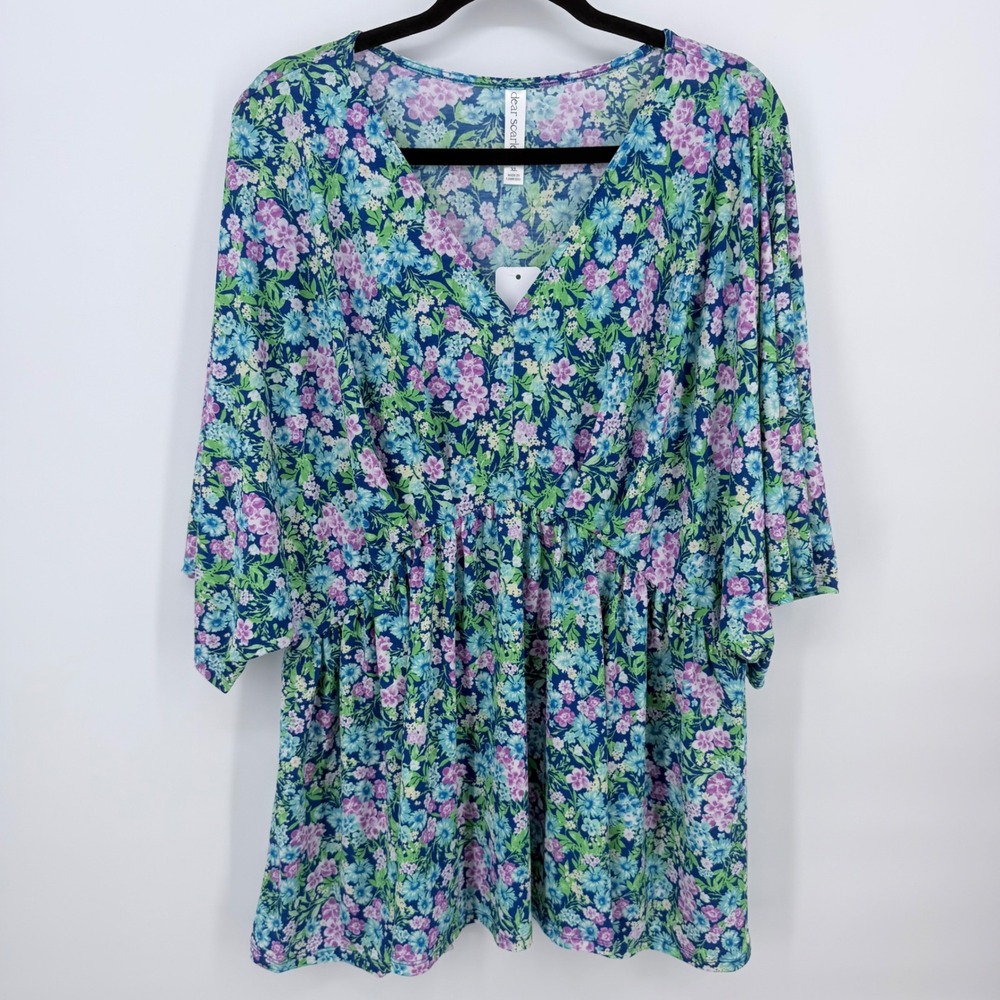 Floral V-Neck Smocked Waist Blouse - Blue / Pink
